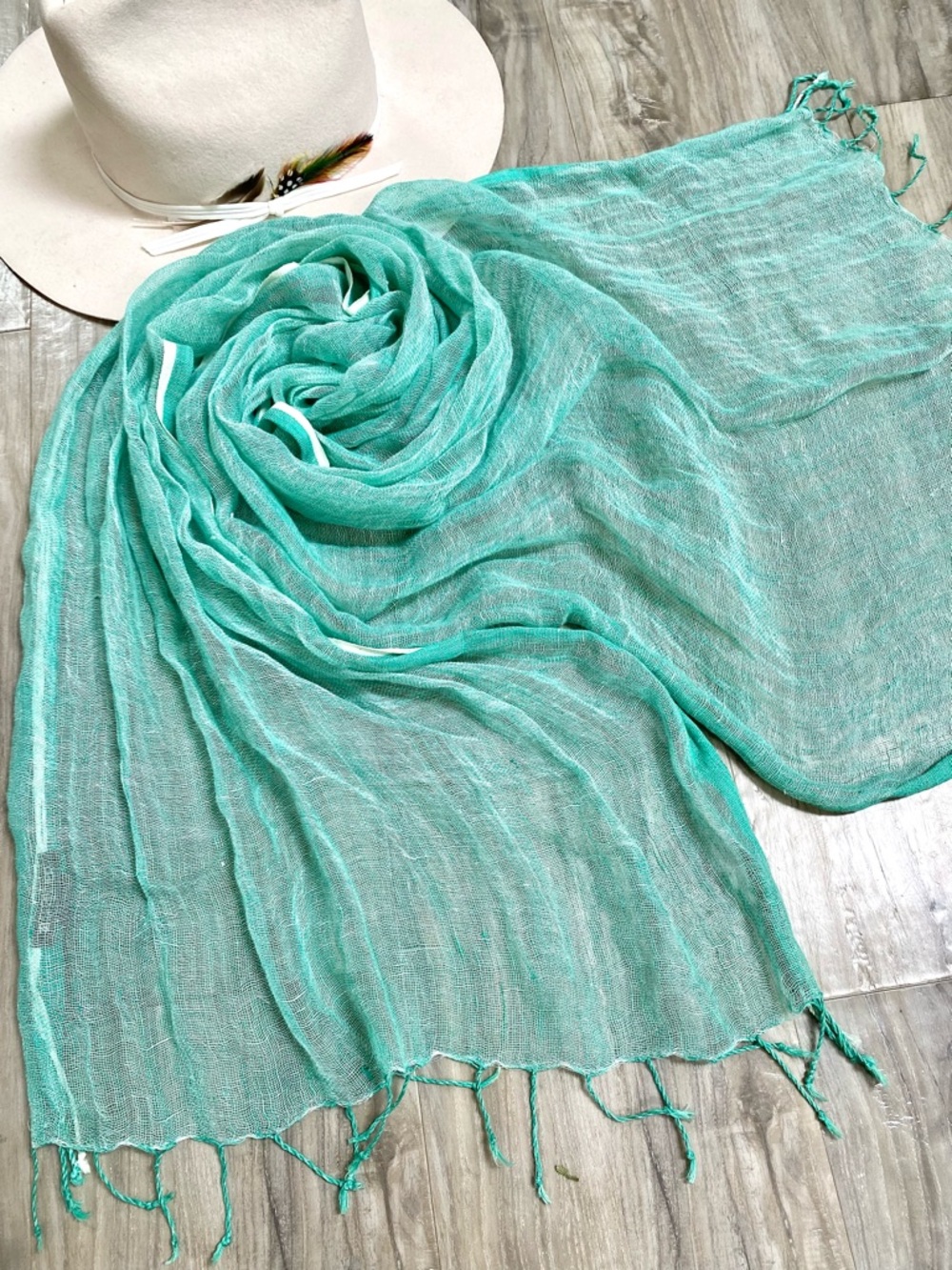 Dreamy Aqua LINEN scarf/wrap w resort vacay beach ocean vibe